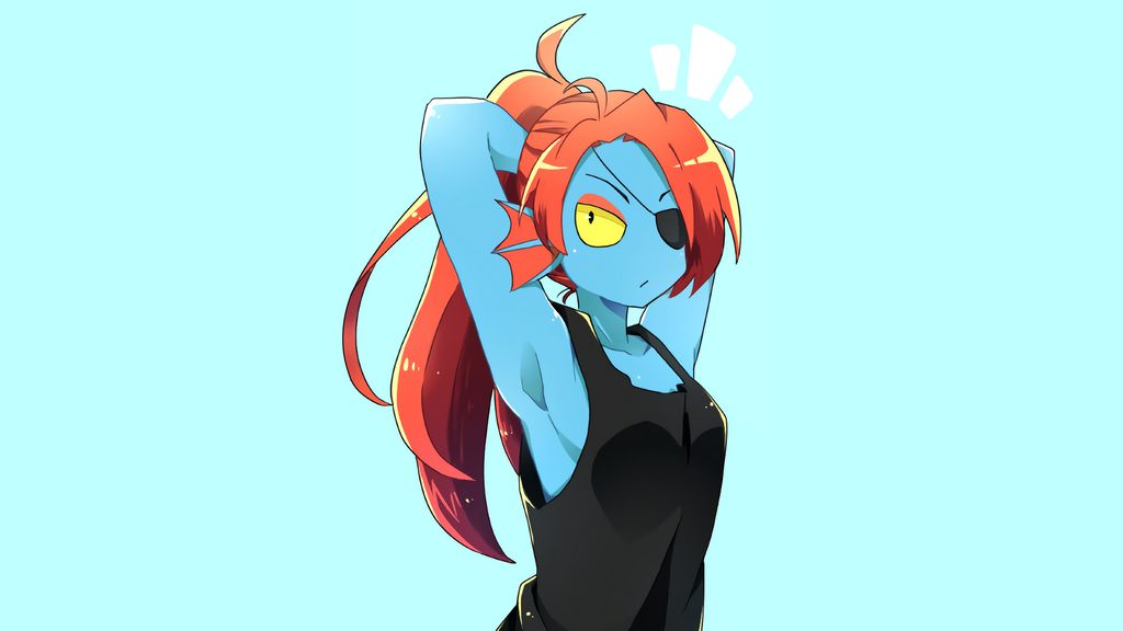 1girl 2d 2d_(artwork) anthro anthro_only armpit armpits artist_request black_tank_top black_topwear blue_background blue_body blue_skin breasts cleavage clothed clothed_female clothing cyan_background digital_media_(artwork) ear_fins eye_patch eyepatch female_anthro female_only fins fish fish_girl hair hands_behind_head head_fins marine monster monster_girl no_bra non-mammal_breasts ponytail pose posing red_hair red_ponytail sharp_teeth sideboob simple_background slit_pupils solo_anthro solo_female tank_top topwear undertale undertale_(series) undyne upper_body video_game_character video_games yellow_sclera