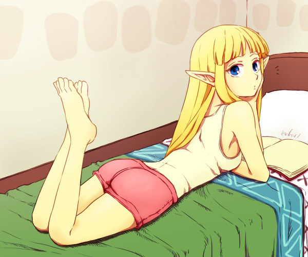 /\/\/\ 1_girl arm arm_support arms art ass bare_legs barefoot bed blonde blonde_hair blue_eyes book boyshorts breasts camisole casual chin_rest clothed clothes feet female full_body hime_cut indoors leg_lift leg_up legs long_hair looking_at_viewer looking_back lying nintendo on_bed on_stomach open_book pillow pointy_ears princess_zelda room saiba_(henrietta) serious short_shorts shorts skyward_sword solo tank_top the_legend_of_zelda the_legend_of_zelda:_skyward_sword toes