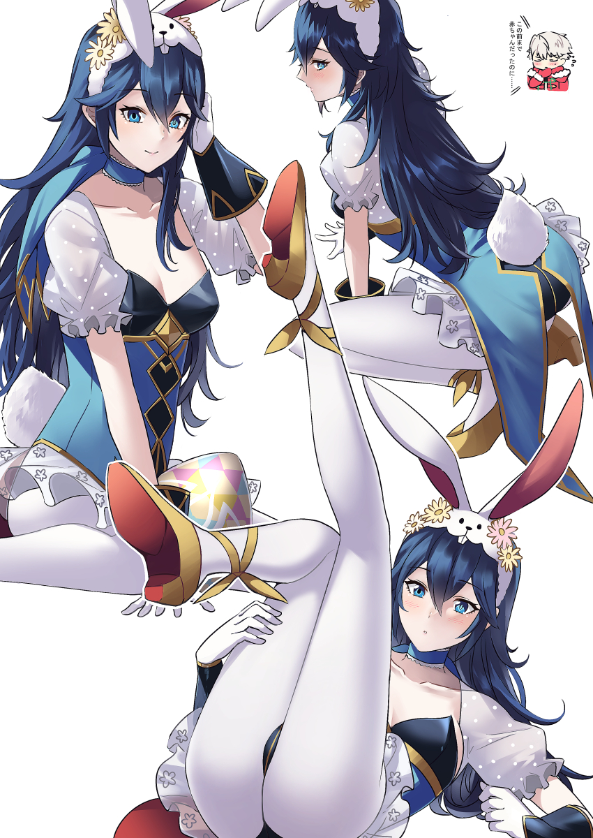 1boy 1girl alluring alternate_costume ameno_(a_meno0) animal_ears ass big_ass blue_choker blue_eyes blue_hair blue_leotard breasts bunny_ears bunny_tail bunnysuit choker fake_animal_ears female_focus fire_emblem fire_emblem_awakening fire_emblem_heroes gloves high_res leotard long_hair lucina lucina_(fire_emblem) lucina_(spring)_(fire_emblem) male mismatched_pupils nintendo official_alternate_costume pantyhose playboy_bunny rabbit_ears robin_(fire_emblem)_(male) simple_background small_breasts solo_focus tiara translation_request very_long_hair white_background white_pantyhose