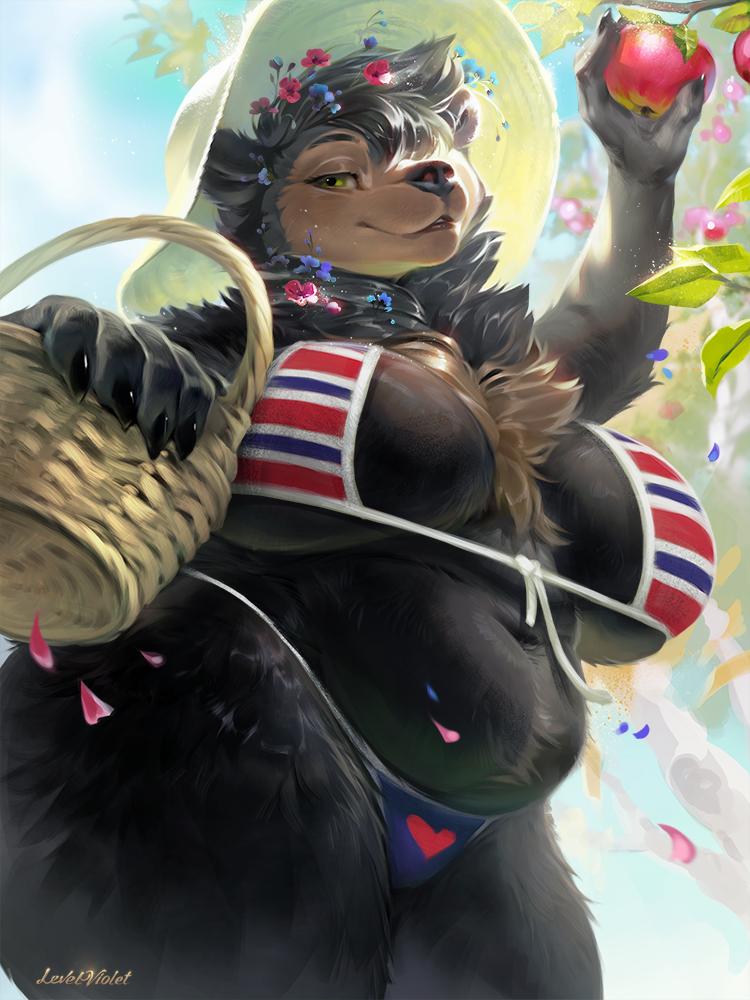 1girl 1girl anthro apple basket belly big_breasts bikini breasts chest_tuft flower food fruit green_eyes levelviolet mammal neck_tuft plant slightly_chubby straw_hat thick_thighs tuft ursid voluptuous wide_hips