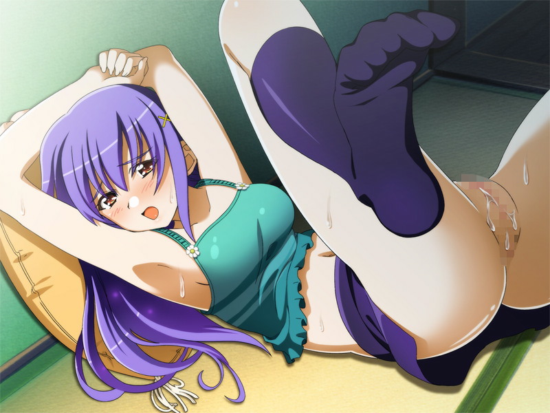 1girl armpits arms_up ass bangs blue_legwear blue_skirt blush breasts censored crop_top cushion feet female female_only game_cg green_green green_shirt hair_ornament highres indoors kutsuki_futaba leg_up legs long_hair looking_at_viewer lying medium_breasts midriff miniskirt mosaic_censoring navel no_panties no_shoes on_back on_floor open_mouth pillow purple_hair pussy red_eyes shirt skirt skirt_lift sleeveless sleeveless_shirt socks solo_female spread_legs sweat tank_top tatami thighs toes wet