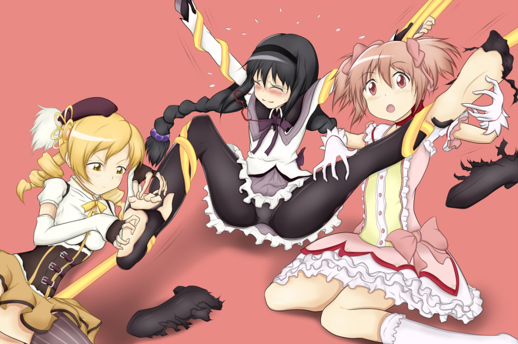akemi_homura barefoot bdsm between_toes black_hair blonde_hair bondage bound braid drill_hair feet female foot_tickling hands_on_feet holding_another's_foot kaname_madoka mahou_shoujo_madoka_magica no_shoes pantyhose pink_eyes pink_hair restrained short_twintails soles tickling toes tomoe_mami torn_clothes twin_braids twin_drills twintails yellow_eyes