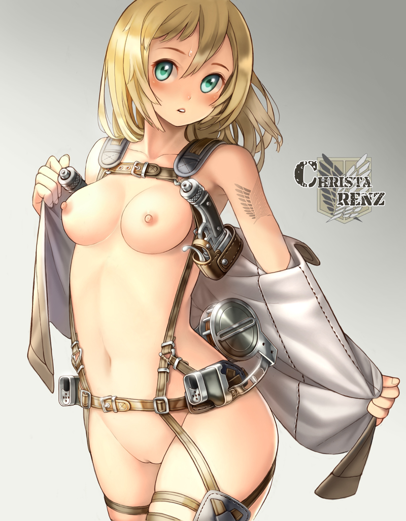 1girl banned_artist belly blonde_hair blue_eyes blush breasts christa_renz curvy female hair jacket midriff navel nipples nude open_clothes open_jacket pussy shingeki_no_kyojin short_hair solo sweatdrop tattoo uncensored undressing wide_hips xil