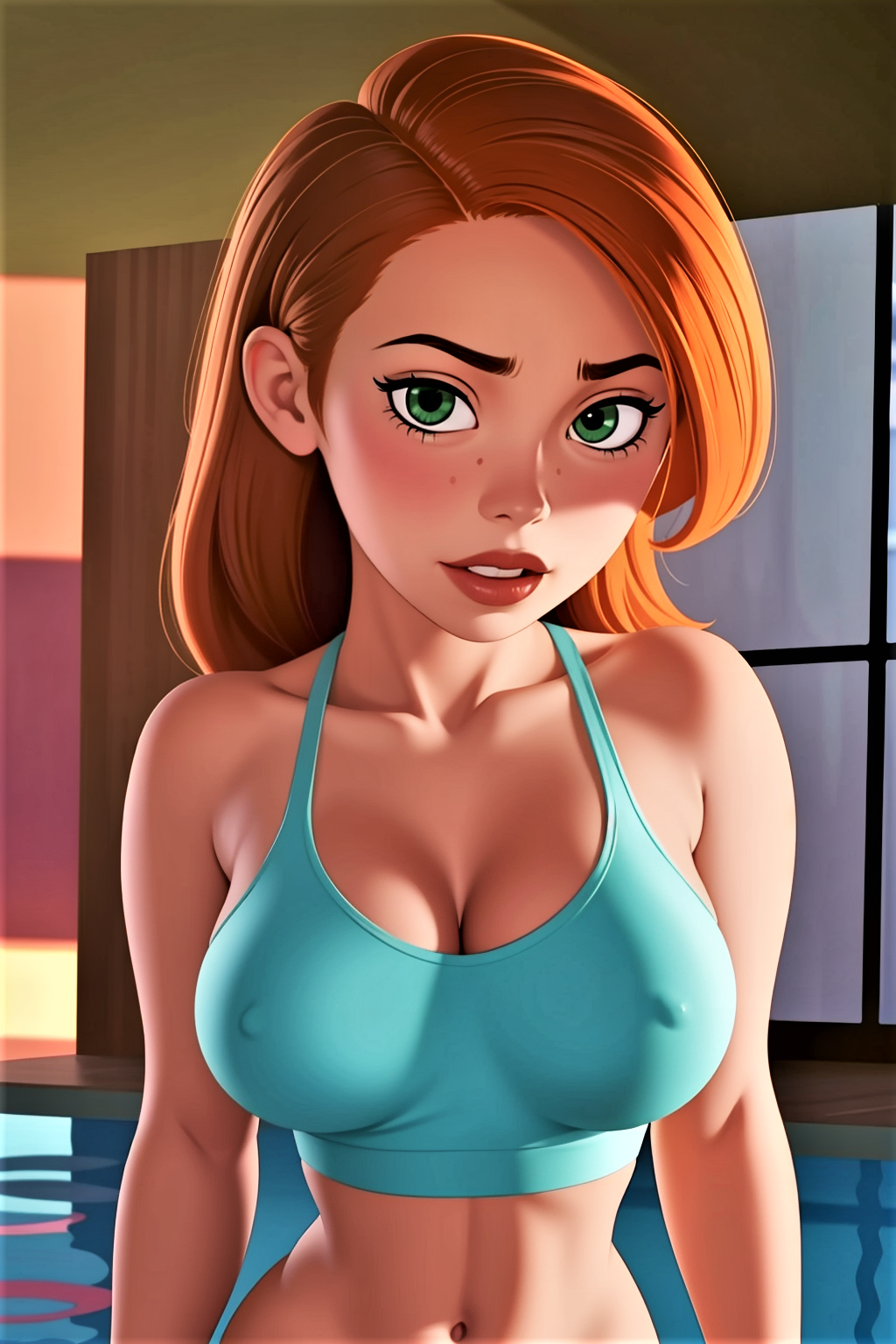 bikini_top breasts cleavage erect_nipples_under_clothes huge_breasts kim_possible kimberly_ann_possible looking_at_viewer pokies teen upper_body