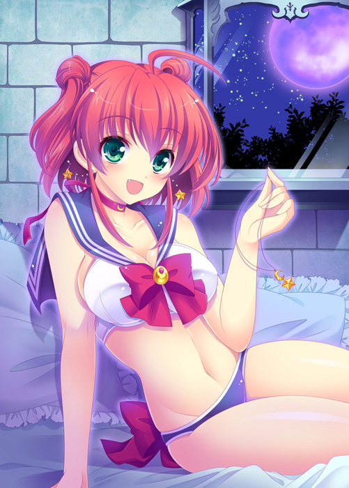 1girl ahoge alice_wishheart alternate_hairstyle arm_support bed bishoujo_senshi_sailor_moon blue_panties blush bow bra breasts brooch choker cleavage cosplay double_bun earrings fang female full_moon green_eyes jewelry looking_at_viewer magical_halloween midriff moon navel night open_mouth panties pillow pink_hair red_bow ribbon sailor_collar sailor_moon sailor_moon_(cosplay) sailor_moon_narikiri_bra_set shiny shiny_skin short_hair smile solo star star_earrings tokinon underwear underwear_only window