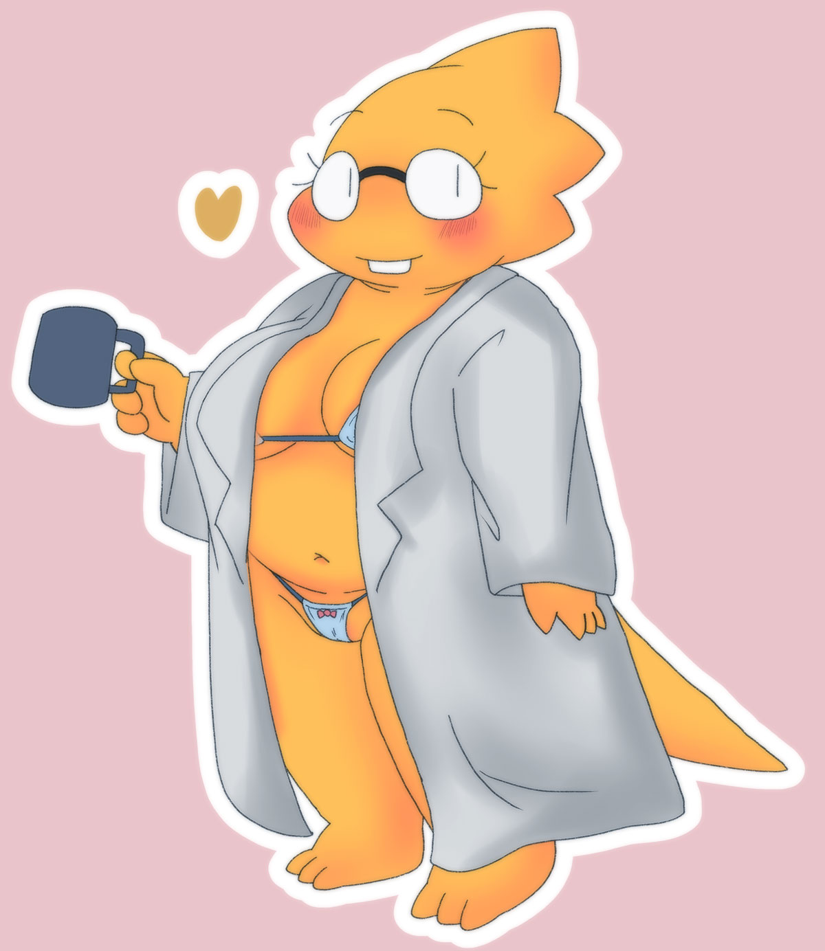 1_girl 1girl 2020s 2022 adorable alphys alphys_(undertale) alternate_version_available anthro aruput aruput_ut belly big_breasts bikini blush breasts buckteeth cameltoe chubby_anthro chubby_female clothed clothing coat container cup cute deep_navel eyewear female female_only front_view glasses heart high_res holding_cup holding_object lab_coat lizard lizard_girl lizard_tail looking_at_viewer monster monster_girl navel non-mammal_breasts open_clothing open_coat open_topwear partially_visible_vulva pink_background reptile reptile_girl reptile_tail scales scalie simple_background skimpy slightly_chubby smile solid_color_background solo solo_anthro solo_female standing string_bikini swimwear tail teeth thick_tail thick_thighs three-quarter_view topwear undertale undertale_(series) video_games yellow_body yellow_scales yellow_skin