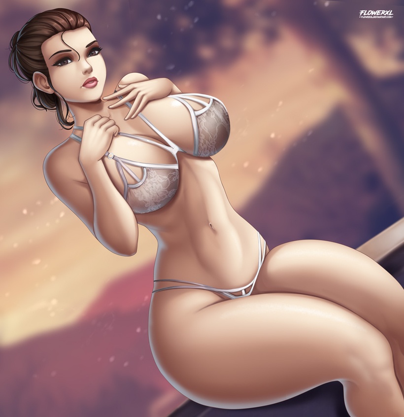 1girl athletic athletic_female big_breasts breasts brown_eyes brown_hair detailed_background female_only flowerxl front_view huge_breasts huge_thighs human lingerie pale-skinned_female pale_skin pink_mouth rey rey_(star_wars) sitting star_wars the_force_awakens thick_thighs voluptuous_female white_lingerie wide_hips
