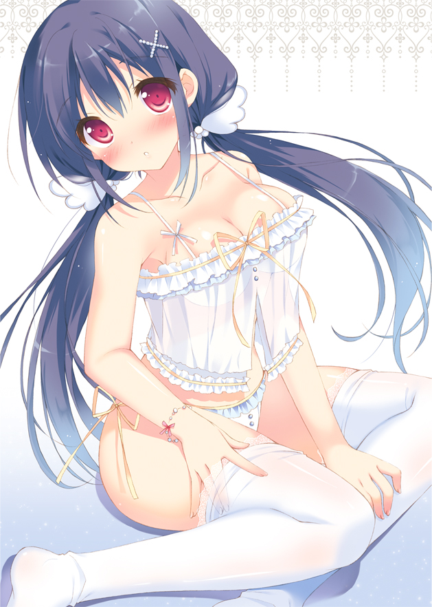 1girl :o black_hair blush bracelet breasts cleavage cropped female front-tie_top gradient gradient_background hair_ornament jewelry lingerie long_hair low_twintails open_mouth original pan_(mimi) panties parted_lips red_eyes see-through shiny shiny_skin side-tie_panties simple_background sitting solo thighhighs twin_tails twintails underwear white_legwear white_panties yokozuwari
