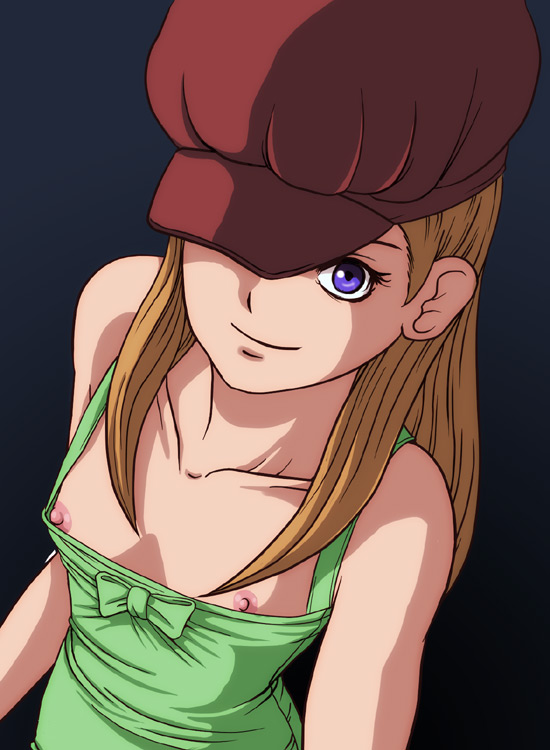 1girl arm arms art babe bare_arms bare_shoulders black_background cabbie_hat camisole closed_mouth collarbone flat_chest from_above green_camisole hat lass light_brown_hair long_hair looking_at_viewer looking_up neck nintendo nipple_slip nipples npc_trainer pokemon pokemon_(game) purple_eyes red_hat sidelocks smile upper_body