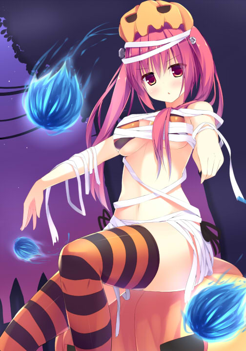 1girl bandage bandages bikini breasts cleavage female hair_ornament halloween hitodama jack-o'-lantern long_hair looking_at_viewer megarisu night night_sky open_mouth original outstretched_arms pink_hair pumpkin red_eyes sitting sky solo swimsuit twintails zombie_pose