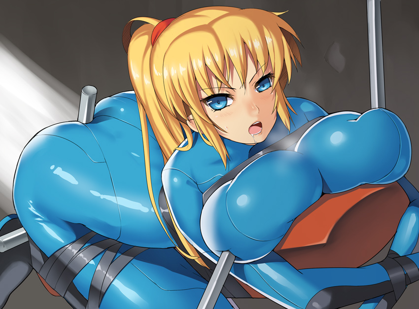 1girl ass bad_id bdsm blonde_hair blue_eyes blush bodysuit bondage bound breast_press breast_squeeze breasts butt_crack drool drooling female huge_breasts long_hair metroid nagase_haruhito nintendo poking ponytail restrained saliva samus_aran skin_tight solo stationary_restraints tied tied_up wince zero_suit