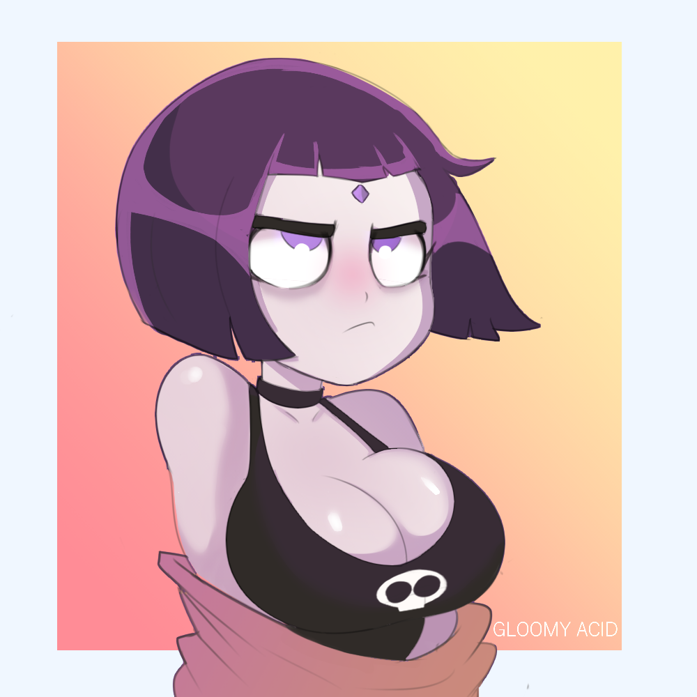 1girl angry big_breasts blush clothed collar dc dc_comics female female_only frown gloomyacid grey_skin large_breasts looking_up purple_eyes purple_hair raven_(dc) simple_background solo_female teen_titans