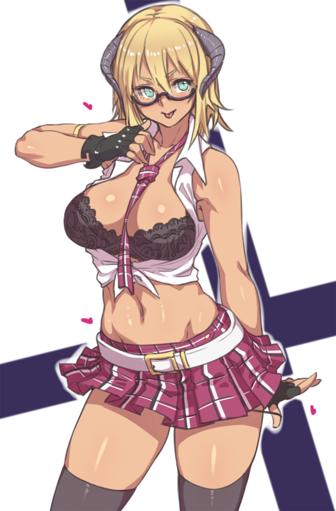 1girl :p armlet belly belt between_breasts black_bra black_legwear blonde_hair blush bra breasts breasts_outside cleavage female fingerless_gloves front-tie_top glasses gloves green_eyes hair heart horns houtengeki lace lace-trimmed_bra large_breasts midriff mound_of_venus navel necktie necktie_between_breasts original panties panty_pull school_uniform shiny shiny_skin shirt short_hair skindentation skirt smile solo thighhighs tied_shirt tongue tongue_out underwear zettai_ryouiki