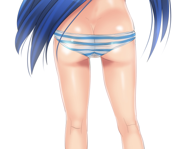 1girl ass azuse_neko blue_hair butt_crack close-up dimples_of_venus female from_behind head_out_of_frame izumi_konata kneepits long_hair lucky_star panties pov_ass shiny shiny_skin simple_background skindentation solo standing striped striped_panties thigh_gap underwear waist_down white_background