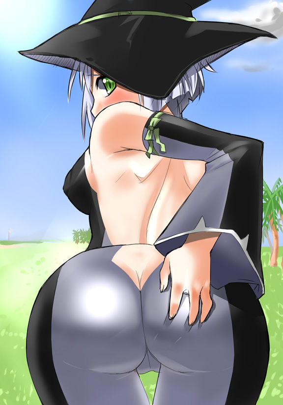 1girl ass ass_grab back bare_back bare_shoulders bent_over blush breasts brie_(pangya) butt_crack cadie_(pangya) catsuit detached_sleeves female from_behind grass green_eyes hat huge_ass looking_back nagase_haruhito outdoors pangya shiny shiny_clothes short_hair skin_tight solo thigh_gap thighs white_hair witch_hat