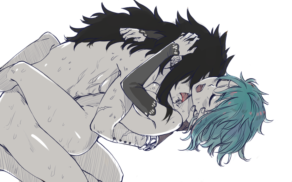 1boy 1girl arms_around_another's_neck black_hair blue_hair closed_eyes couple detached_sleeves fairy_tail female fingerless_gloves gajeel_redfox gloves hair hand_on_another's_head hetero hug leg_lock levy_mcgarden licking monochrome nude open_mouth petite rusky scar sex short_hair spot_color straddling sweat upright_straddle vaginal white_background