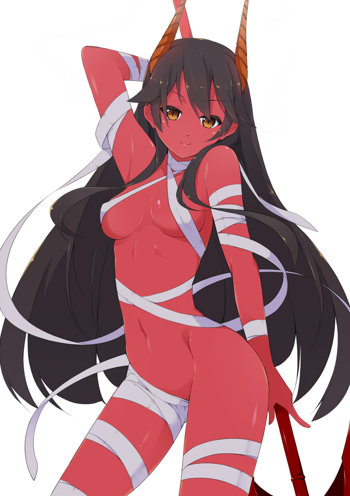 1girl arm_up bandage bandages black_hair breasts demon_girl eligos female horns long_hair looking_at_viewer lord_of_vermilion naked_bandage navel polearm red_skin sasakura simple_background smile solo spear weapon white_background