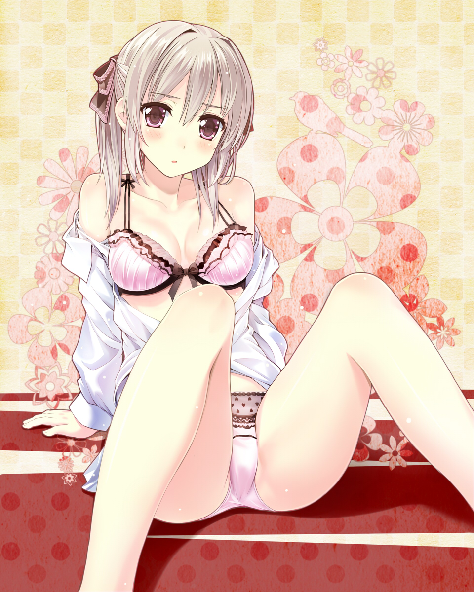 1girl amagai_tarou bare_shoulders blonde_hair bow bra breasts brown_hair cleavage female grey_hair hair_bow heart heart_print highres large_breasts legs lingerie long_hair navel off_shoulder open_clothes open_mouth open_shirt original panties pink_eyes purple_eyes purple_hair shirt silver_hair sitting solo spread_legs twintails underwear