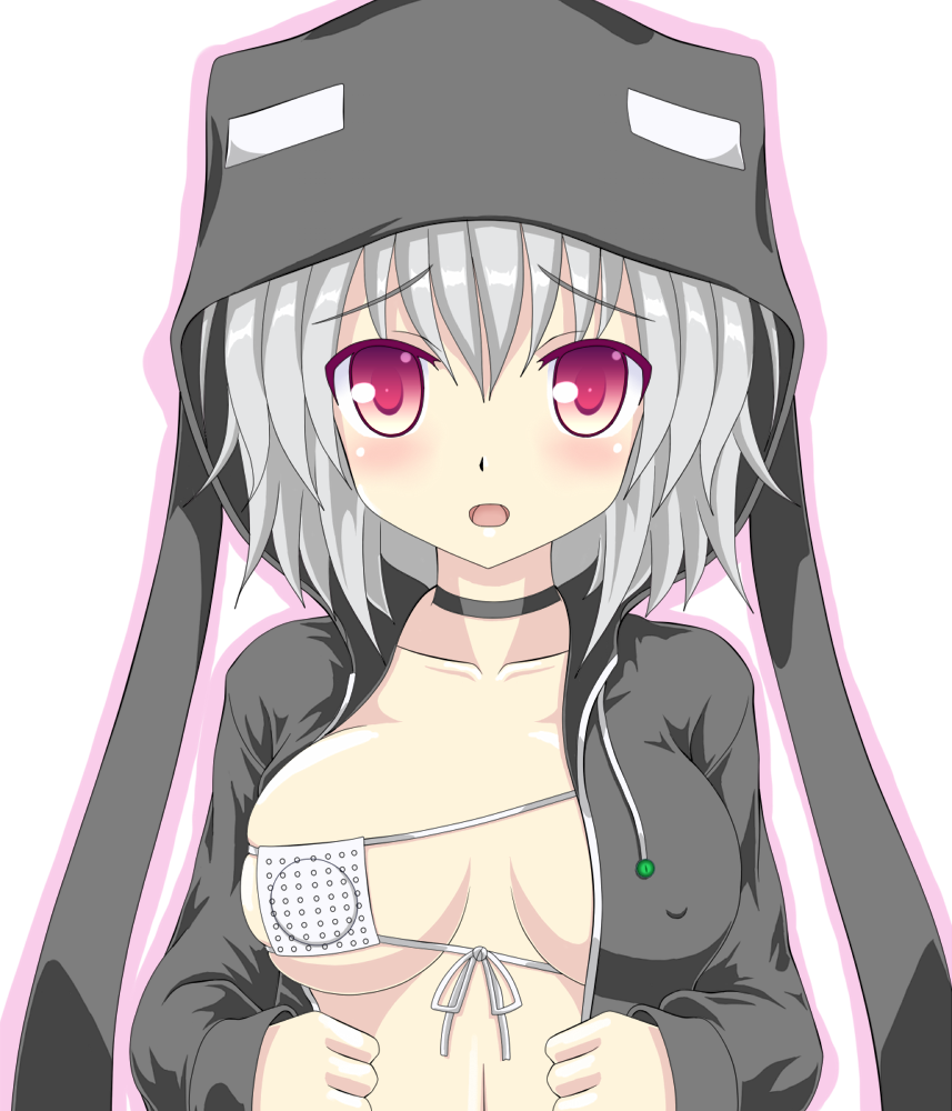 blush breasts cleavage enderman eyepatch female highres hood hoodie jacket minecraft noveske_n4 open_clothes open_jacket open_mouth personification red_eyes short_hair silver_hair solo