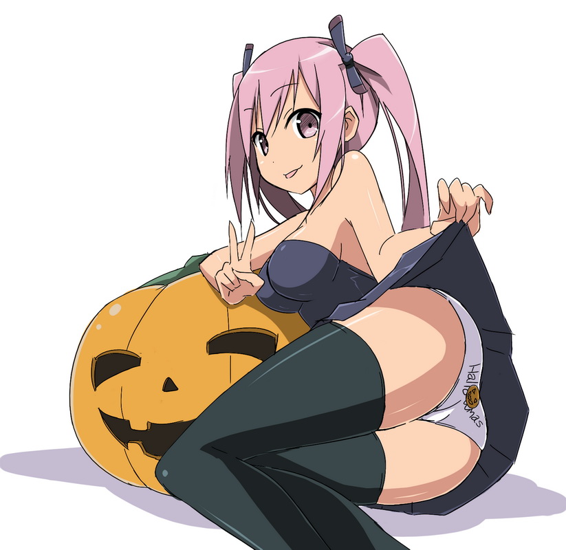 1_girl 1girl :p arm arms art ass babe bare_shoulders big_breasts black_dress black_legwear black_thighhighs breasts dress female jack-o'-lantern large_breasts long_hair looking_at_viewer lying naughty_face on_side original panties pantyshot purple_eyes purple_hair shadow shiny shiny_hair shiny_skin simple_background skirt skirt_lift sky_(freedom) smile solo strapless strapless_dress thighhighs tongue tongue_out twintails underwear upskirt v white_background