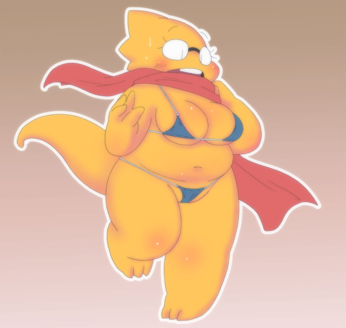 1_girl 1girl 2d 2d_(artwork) alphys alphys_(undertale) anthro anthro_only aruput aruput_ut barely_visible_genitalia belly bikini bikini_bottom bikini_top blue_bikini blue_bikini_bottom blue_bikini_top breasts brown_background chubby chubby_anthro chubby_female digital_media_(artwork) female_anthro female_only glasses gradient_background lizard lizard_girl lizard_tail micro_bikini monster non-mammal_breasts pussy pussy_peek red_scarf reptile reptile_girl reptile_tail scalie scarf simple_background solo_anthro solo_female source_request swimsuit tail third-party_source thong thong_bikini undertale undertale_(series) video_games yellow_body yellow_skin