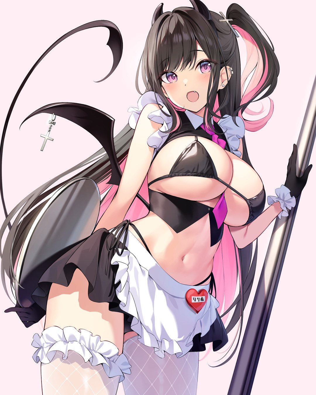 1girl 1girl :o apron bare_arms bare_shoulders between_breasts big_breasts bikini bikini_under_clothes black_bikini black_gloves black_hair black_shirt black_skirt breasts bridal_garter cleavage collared_shirt colored_inner_hair commentary crop_top cross_hair_ornament demon_girl demon_horns demon_tail demon_wings earrings fang fishnet_thighhighs fishnets framed_breasts frilled_gloves frilled_shirt frills gloves hair_ornament high_res horns jewelry long_hair looking_at_viewer maid maid_apron midriff miniskirt multicolored_hair navel neck_tie necktie_between_breasts one_side_up open_mouth original oryo_(oryo04) pink_eyes pink_hair shirt side-tie_bikini_bottom skirt sleeveless sleeveless_shirt stockings stomach string_bikini stripper_pole swimsuit tail thighs two-tone_hair very_long_hair waist_apron white_thighhighs wings
