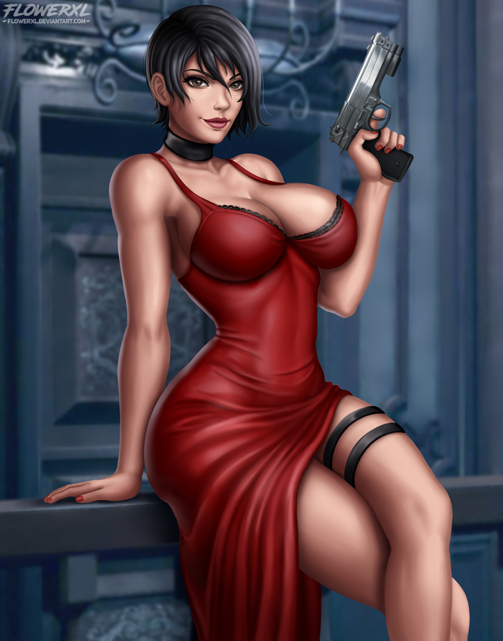 1girl abs ada_wong ada_wong_(caroline_ribeiro) bare_shoulders big_breasts black_hair breasts brown_eyes choker cleavage clothed clothes dress eyelashes female_only firearm flowerxl fully_clothed gun handgun holding human lipstick looking_at_viewer nail_polish red_lipstick red_nails resident_evil resident_evil_4 short_hair sitting smile solo_female text thick_thighs thigh_strap thin_waist url watermark weapon wide_hips