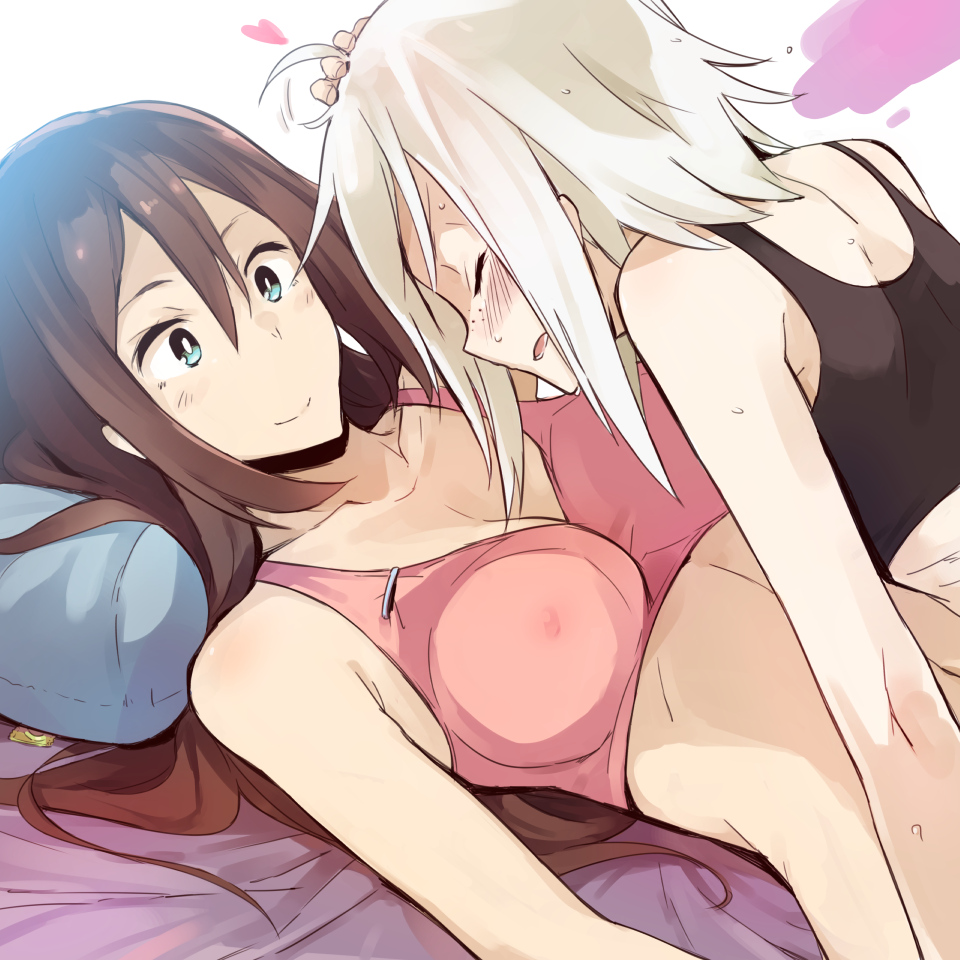 2girls alternate_hairstyle blue_eyes blush bra breasts brown_hair cleavage closed_eyes condom covered_nipples erect_nipples female freckles gym_leader hair hair_down hand_on_another's_head hand_on_head heart homika_(pokemon) implied_fingering kawaisou long_hair looking_at_another lying mei_(pokemon) multiple_girls navel nintendo non-nude open_mouth out-of-frame_censoring petting pillow pokemon pokemon_(game) pokemon_bw2 see-through short_hair smile sports_bra sweat underwear white_hair yuri