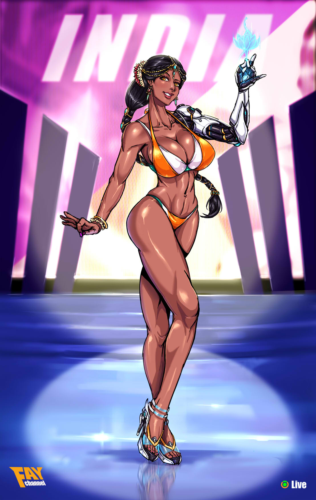 1girl 1girl 2d abs athletic athletic_female big_breasts big_breasts bikini bikini_bottom bikini_top blizzard_entertainment breasts brown_skin brunette cleavage curvy curvy_body curvy_female curvy_figure dark-skinned_female dark_skin faymantra female_only fit fit_female flag flag_bikini flag_print hazel_eyes high_heels india indian indian_flag looking_at_viewer muscle national_personification non-nude open_toe_shoes overwatch smile symmetra top_heavy voluptuous wide_hips
