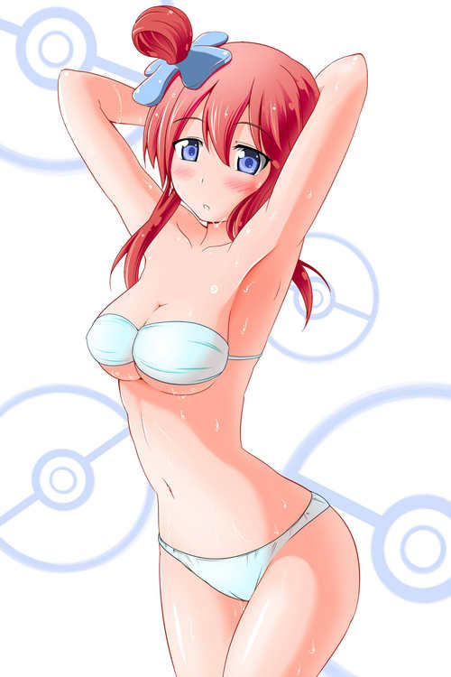 1_girl 1girl alluring arched_back arm armpits arms arms_behind_head art babe bare_legs bare_shoulders bikini blue_eyes blush breasts cleavage collarbone female fuuro_(pokemon) gym_leader hair_between_eyes hair_ornament high_res highres legs long_hair looking_at_viewer midriff navel neck nintendo parted_lips pokemon pokemon_(anime) pokemon_(game) pokemon_black_and_white pokemon_bw red_hair redhead reki_48 shiny shiny_hair shiny_skin shy side_ponytail skyla solo standing strapless strapless_bikini strapless_swimsuit swimsuit tubetop underboob wet wet_hair white_background