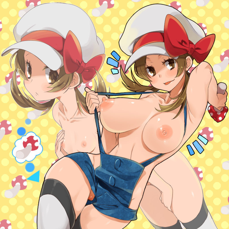1girl :p agemono alternate_breast_size areolae arm_up breasts brown_eyes brown_hair cabbie_hat collarbone creatures_(company) dual_persona female_protagonist_(pokemon_ss) game_freak hat hat_ribbon hips humans_of_pokemon kotone_(pokemon) large_breasts legs legwear lyra_(pokemon) mario_(series) mushroom naked_overalls nintendo nipples no_panties nude open_mouth overalls pokemon pokemon_(game) pokemon_heartgold_and_soulsilver pokemon_hgss polka_dot polka_dot_background projected_inset pussy red_ribbon ribbon shiny shiny_skin short_hair small_breasts smile solo strap_pull super_mario_bros. suspenders thighhighs tongue tongue_out twintails uncensored white_legwear wide_hips worried yellow_background