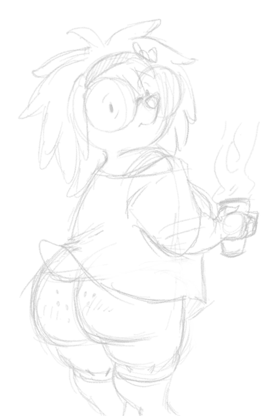 anthro ass ass bottomless coffee coffee_mug glasses looking_at_viewer looking_back mole nerd nerdy_female no_color short_hair wide_hips