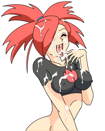 1girl asuna_(pokemon) bottomless breasts cum cum_in_mouth cum_on_arms cum_on_body cum_on_breasts cum_on_hair cum_on_upper_body facial flannery gym_leader happy naked_from_the_waist_down no_panties pokemon tongue