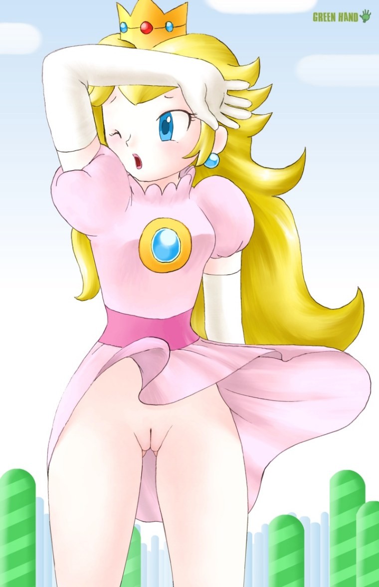 1girl arm_up bare_legs blonde_hair blue_eyes bottomless crown dress dress_lift earrings elbow_gloves female female_only gloves greenhand jewelry legs lips lipstick nintendo no_panties outside pink_dress pink_lipstick princess_peach pussy sky solo standing super_mario_bros. uncensored upskirt white_gloves wince wind_lift wink