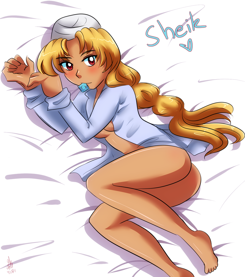 bottomless condom_in_mouth looking_at_viewer nintendo ocarina_of_time on_bed pineapplelicious pineapplelicious_(artist) sheik shirt_only the_legend_of_zelda
