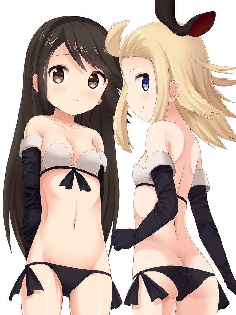 2girls 5pb. agnes_oblige arms_behind_back ass bad_id black_eyes black_hair blonde_hair blue_eyes blush bow bra bravely_default:_flying_fairy bravely_default_flying_fairy breasts brown_eyes brown_hair butt_crack cleavage edea_lee elbow_gloves flat_chest from_behind gloves hair_bow hairband long_hair looking_at_viewer looking_back multiple_girls navel nintendo panties side-tie_panties simple_background small_breasts smile standing tatatami3 underwear underwear_only white_background