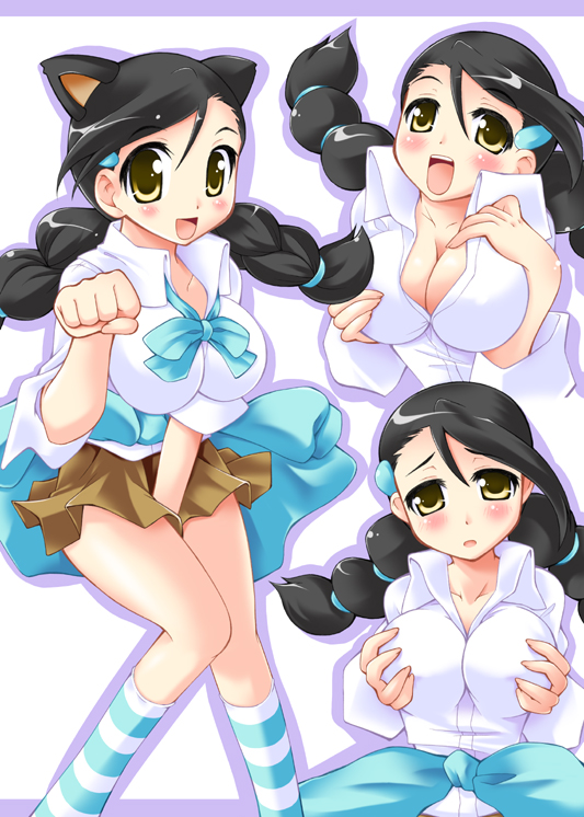 1girl 3_girls 3girls animal_ears art big_breasts black_hair blush braid breast_hold breast_lift breasts candice candice_(pokemon) cat_pose cleavage clothes_around_waist female footwear gym_leader hair_ornament hairclip large_breasts long_hair looking_at_viewer low_twintails miniskirt multi-tied_hair multiple_girls multiple_persona multiple_views nagatu_usagi nintendo open_mouth paw_pose pokemon pokemon_(anime) pokemon_(game) pokemon_dppt short_skirt skirt socks striped striped_legwear striped_socks suzuna_(pokemon) sweater sweater_around_waist twin_braids twintails yellow_eyes