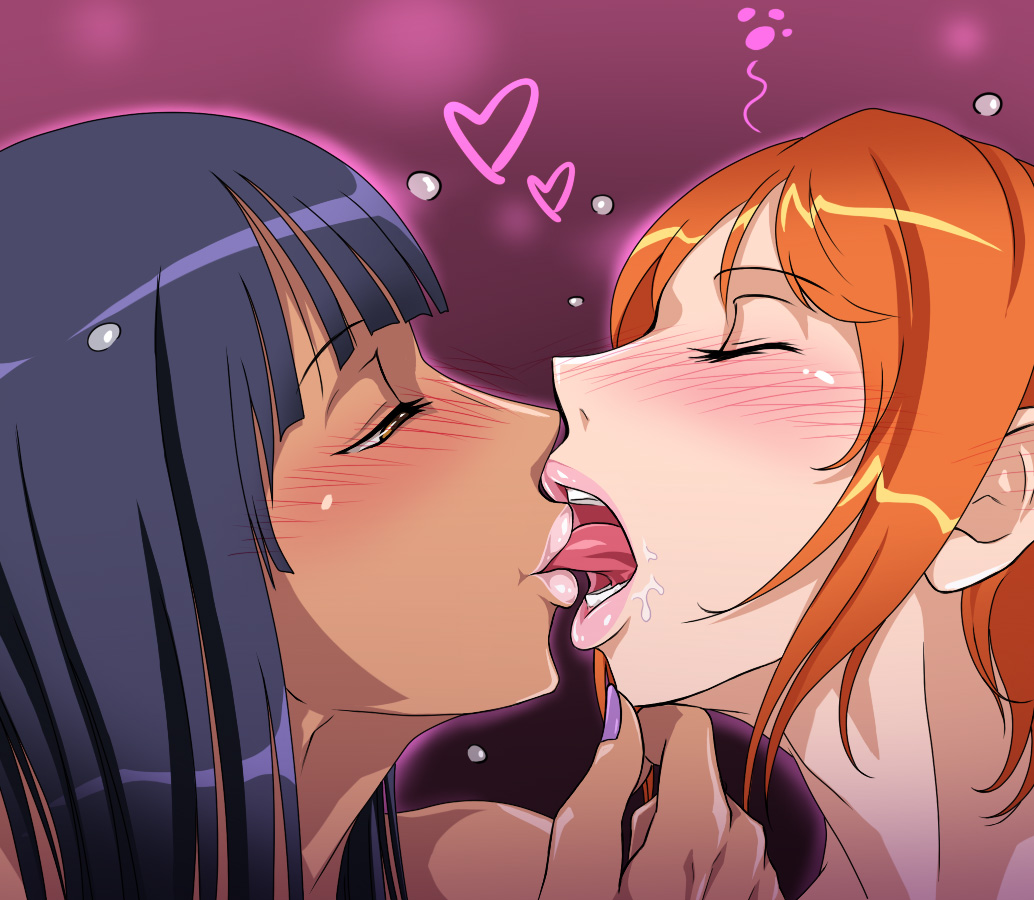 2girls absurd_res absurdres bare_shoulders black_hair blush chin_grab closed_eyes dark_skin drooling eye_contact female free_style friends hair half-closed_eyes hand_on_another's_chin heart interracial kiss kissing licking_lips lips lipstick looking_at_another love makeup multiple_girls mutual_yuri nail_polish nami naughty_face neck nico_robin one_piece open_mouth orange_hair pink_lips pink_lipstick pirate purple_nails saliva short_hair tall_image tongue tongue_out tongue_suck yuri