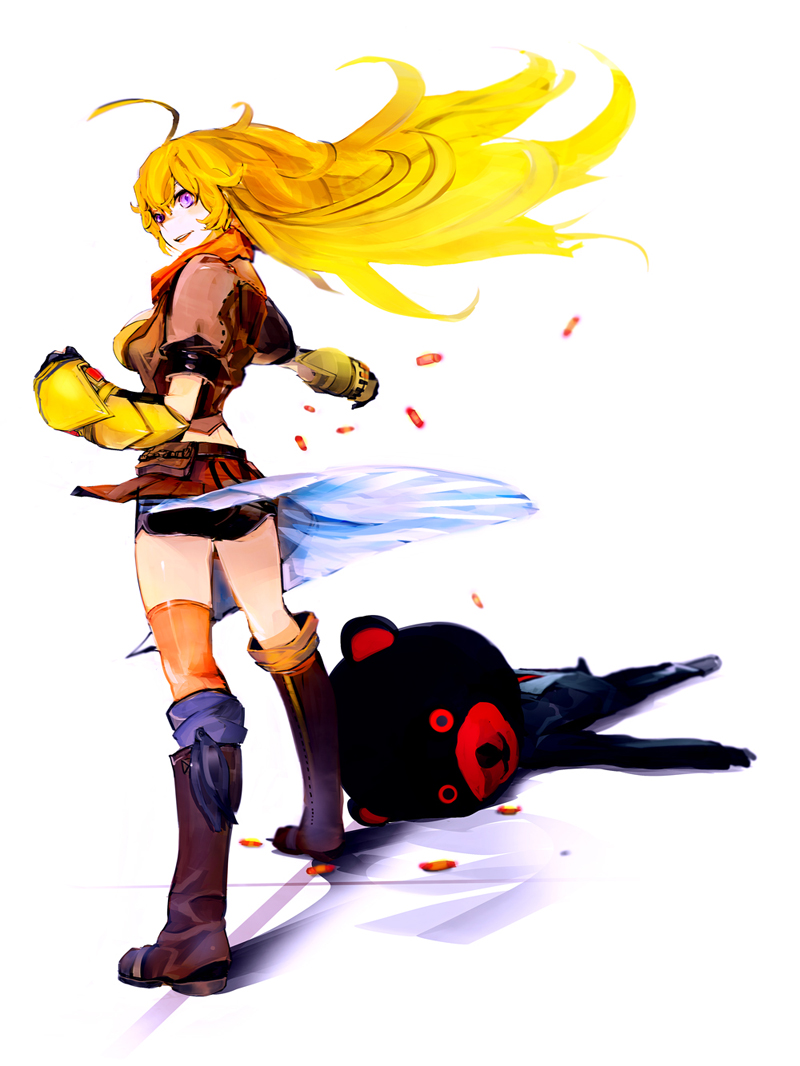 1girl ahoge animal_costume bear_costume belt_pouch blonde_hair boots breasts brown_jacket bullet casing_ejection defeated gauntlets huge_ahoge jacket knee_boots long_hair loose_thighhigh mask midriff neckerchief open_mouth orange_legwear purple_eyes rwby shell_casing short_shorts shorts showgirl_skirt simple_background so-bin solo thighhighs waist_cape weapon wind_lift yang_xiao_long