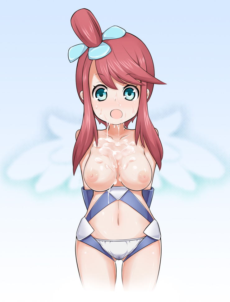 1girl alcohol_(coldfront) bare_shoulders blue_eyes blush breasts bukkake coldfront cum cum_on_body cum_on_breasts cum_on_upper_body facial fuuro_(pokemon) green_eyes gym_leader long_hair navel nipples no_pants open_mouth panties pokemon pokemon_(game) pokemon_black_and_white pokemon_bw ponytail pussy_juice red_hair side_ponytail solo sweat underwear wet_panties