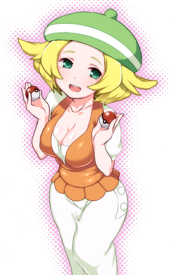 1girl :d akira_(natsumemo) bel_(pokemon) blonde_hair breasts cleavage collarbone curvy dress green_eyes hat holding holding_poke_ball open_mouth poke_ball pokemon pokemon_(game) pokemon_bw short_hair smile solo wide_hips