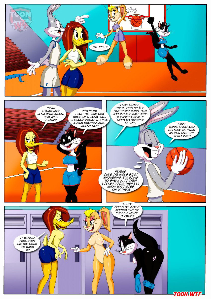 1boy 3_girls animal_ears anthro basketball_court bbmbbf breasts bugs_bunny comic crop_top english_text locker_room lola_bunny looney_tunes nude_female palcomix penelope_pussycat shorts tagme tail tina_russo under_boob undressing warner_brothers what_goes_on_in_the_girls'_locker_room_(comic)