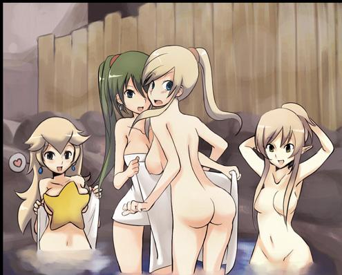 4_girls 4girls adjusting_hair arm arms arms_up art ass babe back bare_back bare_legs bare_shoulders big_breasts blonde blonde_hair blue_eyes blush breast_grab breasts brown_eyes cleavage clenched_hand collarbone convenient_censoring densetsu_no_starfy earrings embarrassed female fence fire_emblem fire_emblem:_rekka_no_ken fire_emblem_7 green_eyes green_hair hair hair_over_breasts hair_up happy heart holding hug hugging hylian jewelry large_breasts leaning leaning_forward legs light_brown_hair looking_at_another looking_at_viewer looking_back love lyn lyndis lyndis_(fire_emblem) madkaiser mario_(series) metroid mound_of_venus multiple_girls naked_towel naughty_face navel neck nintendo nipples nude nude_cover onsen open_mouth partially_submerged ponytail princess_peach princess_zelda rock samus_aran shiny shiny_hair shy sideboob sitting smile spoken_heart standing star starfy steam stone submerged super_mario_bros. super_smash_bros. surprised the_legend_of_zelda towel water wet yuri