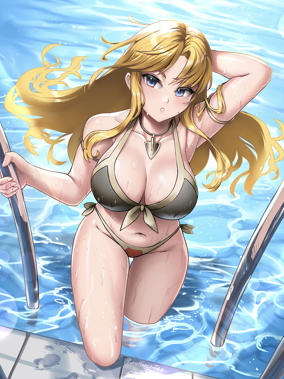 1girl 1girl 1girl alluring alternate_breast_size alternate_costume arm_behind_back big_breasts big_breasts bikini blonde_hair blue_eyes bronze_felix burnt_green_tea clarisse_(fire_emblem) cleavage english_commentary female_only fire_emblem fire_emblem:_new_mystery_of_the_emblem handrail high_res jewelry long_hair looking_at_viewer navel necklace nintendo parted_bangs parted_lips pool swimming_pool swimsuit wet
