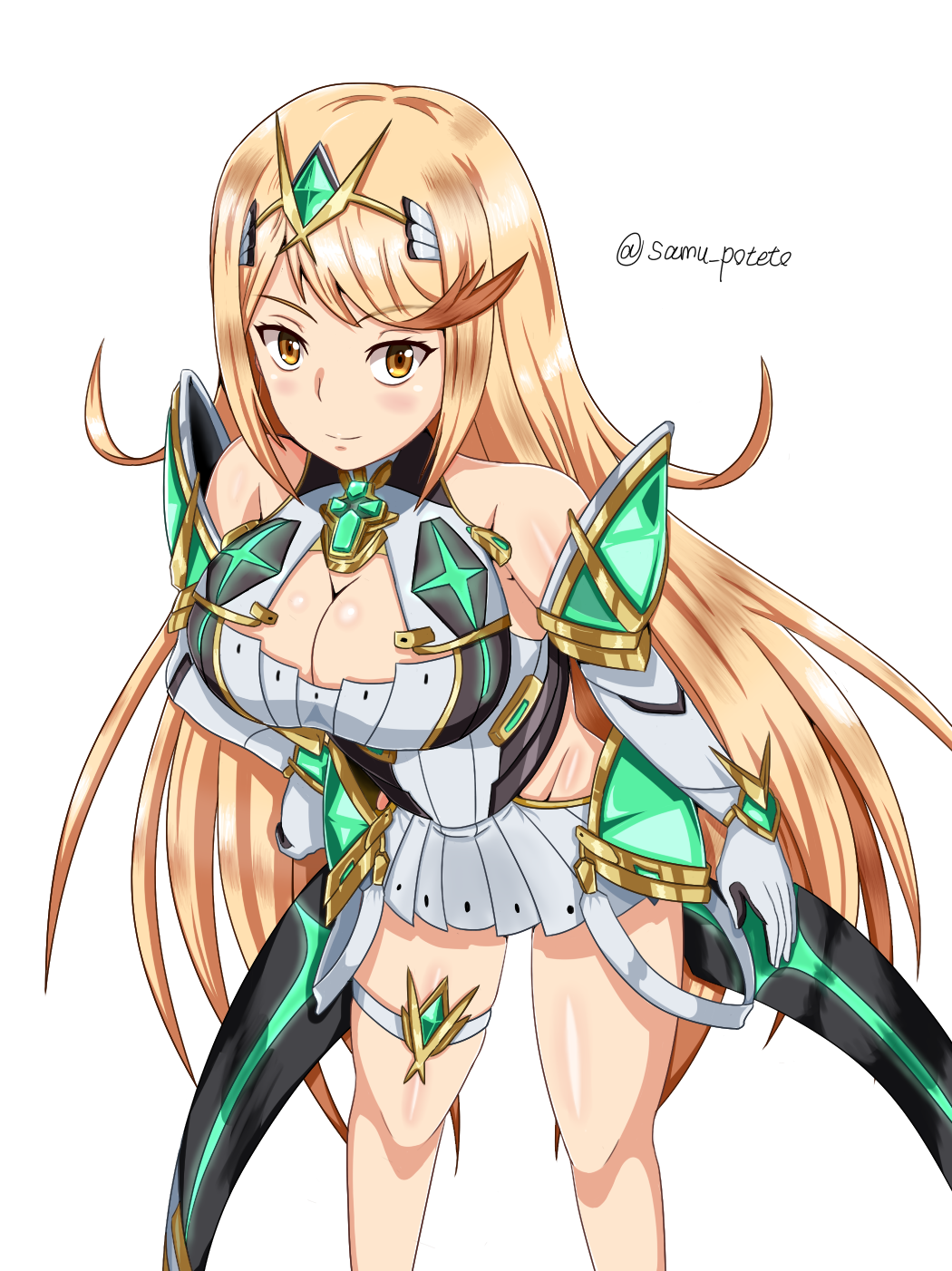 1girl 1girl alluring armor big_breasts blonde_hair blush breasts cleavage dress gloves high_res long_hair looking_at_viewer mythra nintendo samu_poteto smile white_background xenoblade_(series) xenoblade_chronicles_2 yellow_eyes