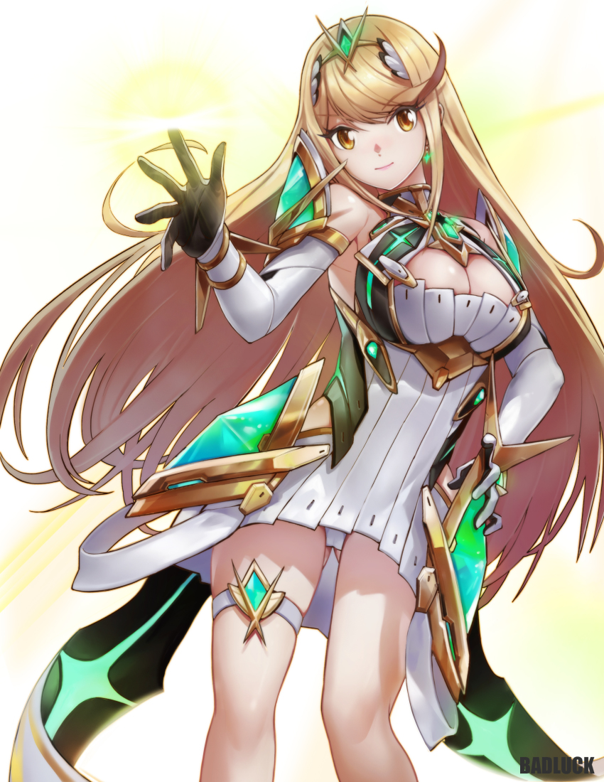 1girl 1girl absurd_res alluring armor artist_request bardosui bare_shoulders big_breasts blonde_hair cleavage cleavage_cutout clothing_cutout dress fingerless_gloves gloves gluteal_fold high_res long_hair looking_at_viewer mythra nintendo smile white_background xenoblade_(series) xenoblade_chronicles_(series) xenoblade_chronicles_2 yellow_eyes