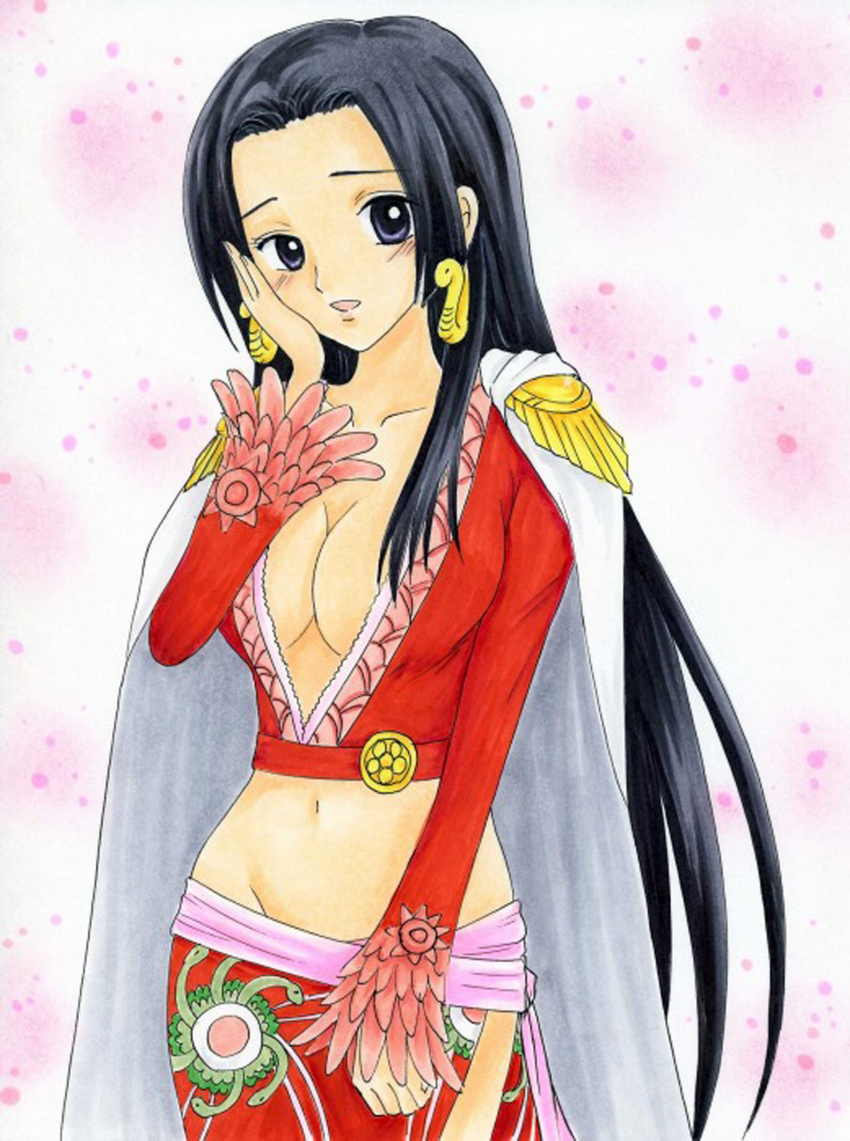 1_girl 1girl art artist_request big_breasts black_hair blue_eyes blush boa_hancock breasts cape cleavage collarbone earrings epaulettes female happy jewelry large_breasts legs long_sleeves looking_at_viewer midriff navel neck one_piece open_clothes open_mouth pirate sarong side_slit smile solo very_long_hair