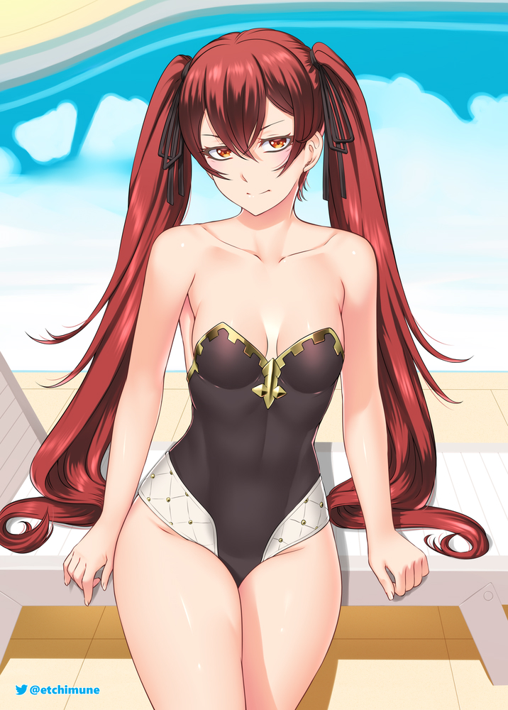 1girl adapted_costume alluring alternate_costume bangs bare_shoulders bare_thighs black_ribbon black_swimsuit closed_mouth collarbone etchimune fire_emblem fire_emblem_fates hair_between_eyes hair_ribbon long_hair looking_at_viewer medium_breasts nintendo one-piece_swimsuit pool red_eyes red_hair ribbon selena_(fire_emblem_fates) severa_(fire_emblem) sitting small_breasts smile strapless strapless_swimsuit swimsuit thighs twin_tails very_long_hair