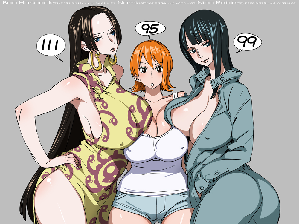 3girls ass black_hair blue_eyes blush boa_hancock bobobo breasts cleavage comparison curvy earrings grey_background hand_on_hip hips huge_ass huge_breasts jacket jewelry large_breasts long_hair measurements multiple_girls nami nico_robin one_piece open_clothes open_jacket orange_hair short_hair shorts simple_background smile tank_top wide_hips