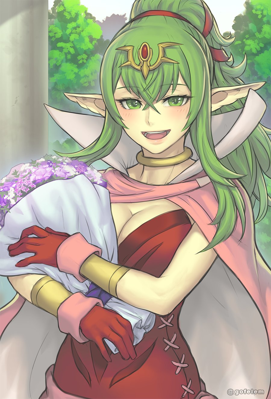 1girl 1girl aged_up alluring big_breasts blush bracelet breasts cape cleavage dress fire_emblem fire_emblem_awakening fire_emblem_heroes gloves gofelem green_eyes green_hair hair_ornament high_res jewelry long_hair looking_at_viewer nintendo open_mouth pointy_ears ponytail red_dress short_dress smile strapless strapless_dress tiara tiki_(adult)_(fire_emblem) tiki_(fire_emblem)